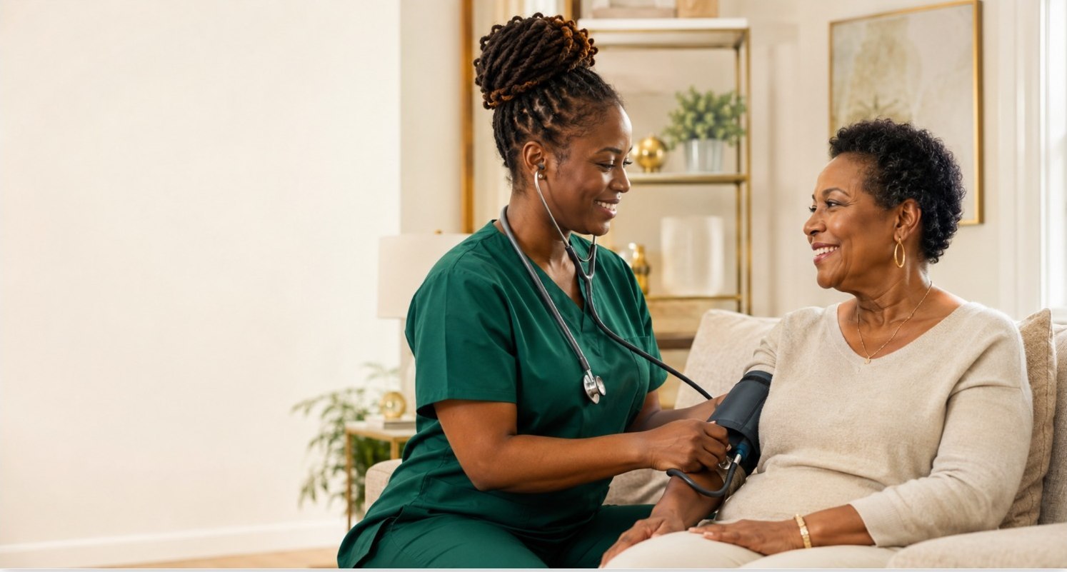 AllCare caregiver checking a patient's blood pressure at home