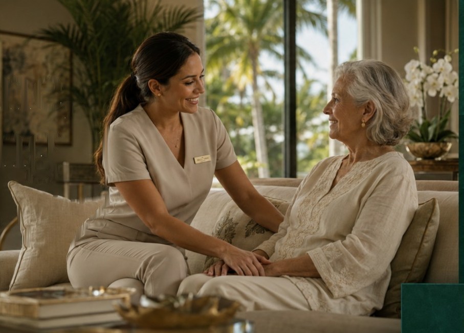 AllCare caregiver holding hands with an elderly patient at home